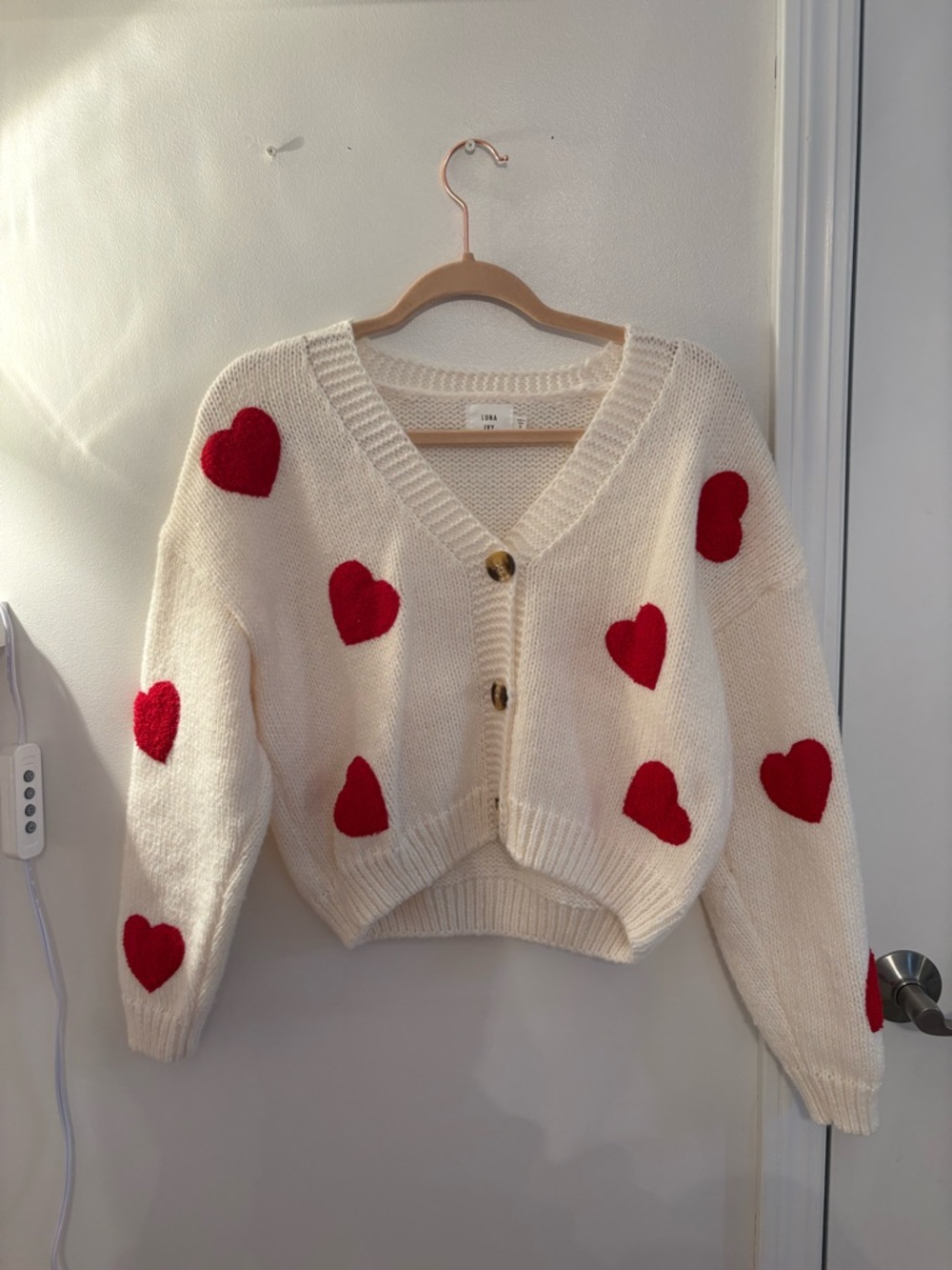 Cream V-Neck Heart Appliqué Cardigan Sweater - Red Hearts
